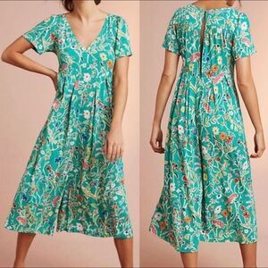 Anthro Floreat Green Yardley Floral Sleep Jumpsuit Wide Leg‎ Cropped Summer Boho